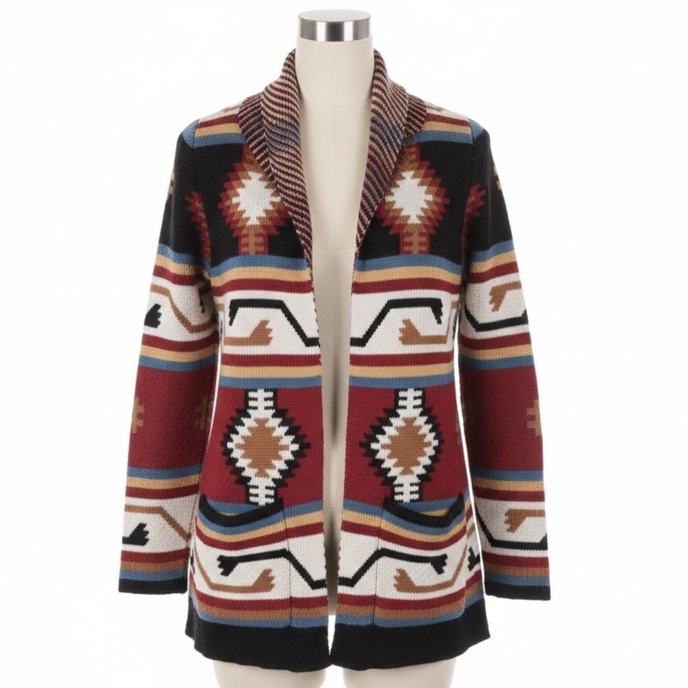 Anne French Cardigan Women S Multicolor Southwestern Geometric Open Front Pocket